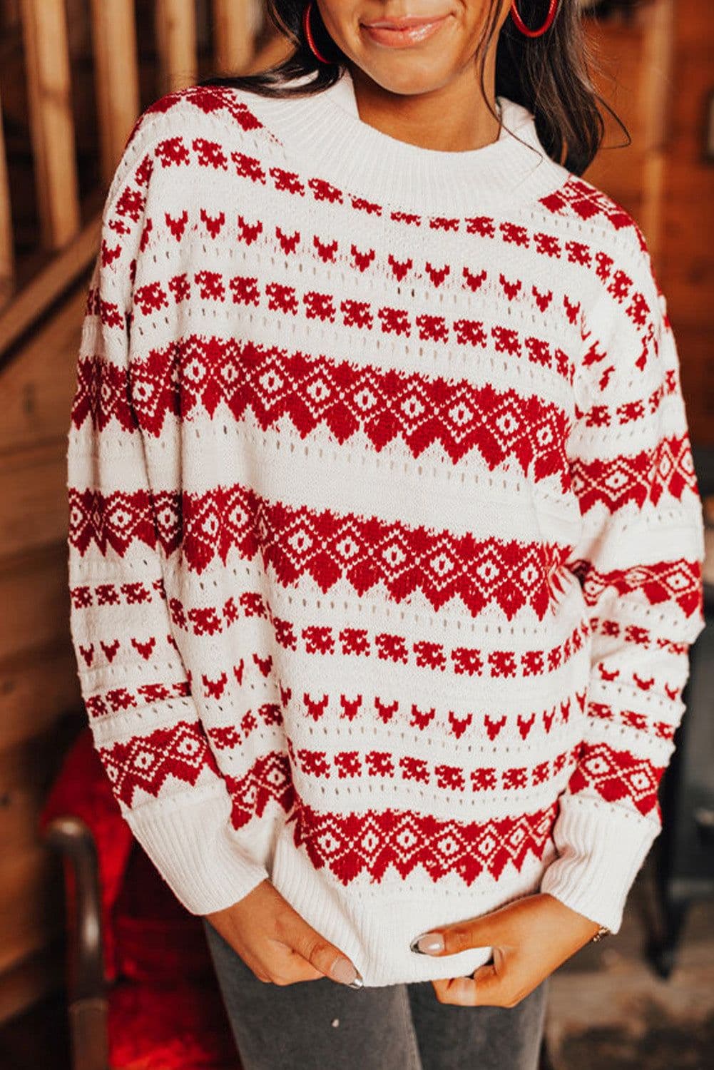 image-Geometric Patterned Loose Crew Neck White Sweater