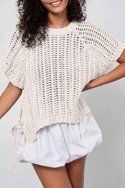 image-Pink Plus Size Open Knit Bow Tie Short Sleeve Sweater