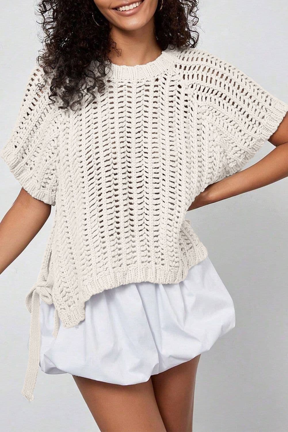 image-Pink Plus Size Open Knit Bow Tie Short Sleeve Sweater