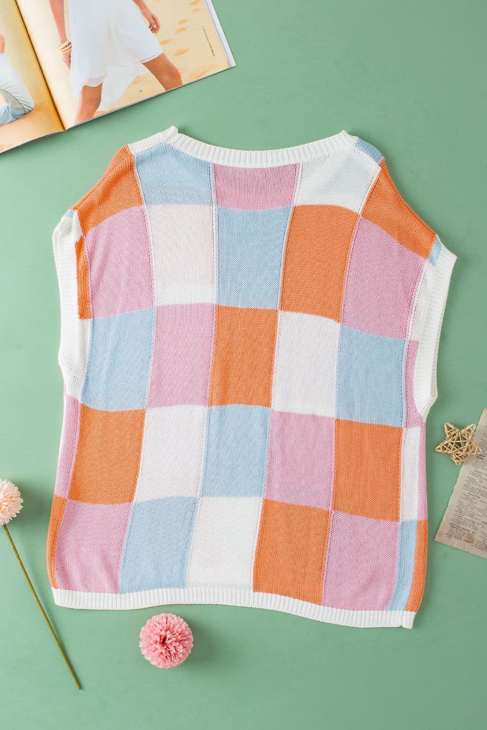 image-Grapefruit Orange Color Block Cap Sleeve Sweater