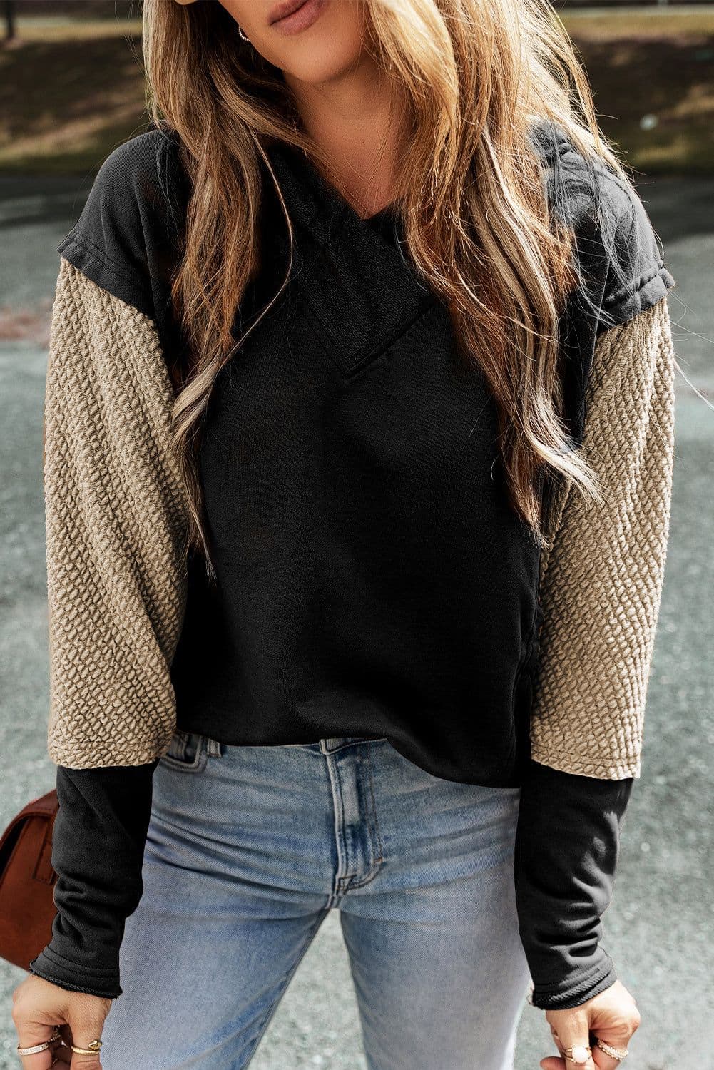 image-Chestnut Contrast Sleeves Patchwork Colorblock Hoodie