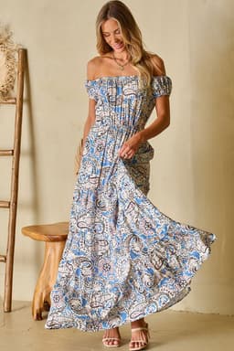 image-Blue Boho Paisley Print Off Shoulder Maxi Dress