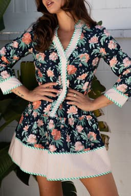 image-Blue Floral Print Striped Trim V Neck Long Sleeve Ruffle Hem Shift Mini Dress