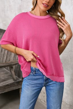 image-Rose Red Spiral Ribbed Cutout Bow T Shirt