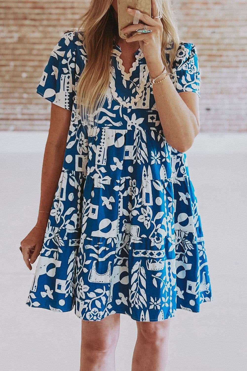 image-Blue Ricrac Trim Split Neck Floral Loose Dress