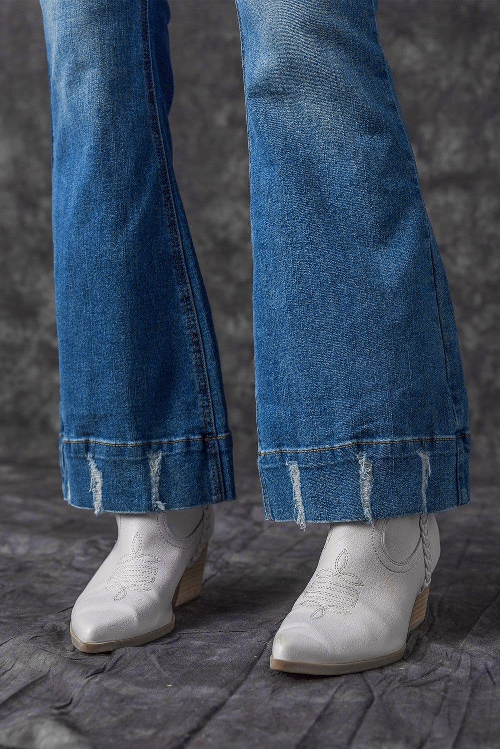 image-Sky Blue Distressed Medium Wash Flare Jeans (65 characters)
