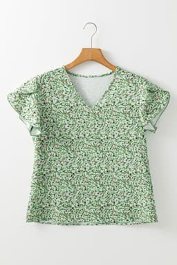 image-Green Boho Floral V Neck Wrap Short Sleeve Blouse