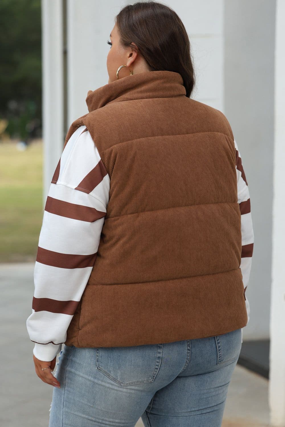 image-Beige Corduroy Puffer Vest Zip Stand Neck