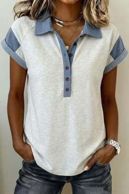 image-Light Grey Denim Patchwork Shirt - Short Sleeve