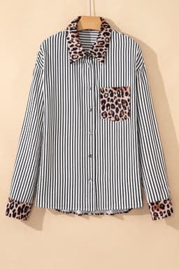 image-Black Striped Leopard Print Patchwork Button Up Womens Shirt