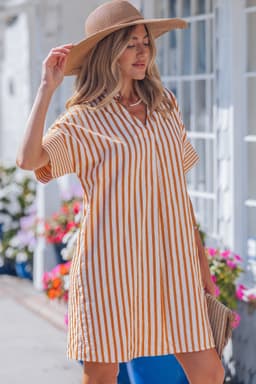 image-Brown Stripe Pinched V Neck Turn-up Cuffs Shift Mini Dress
