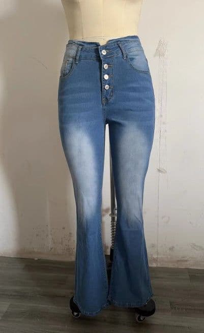 image-High Waist Bell Bottom Jeans Trendy Wear Washed Out Street Style Women's Denim Pants
