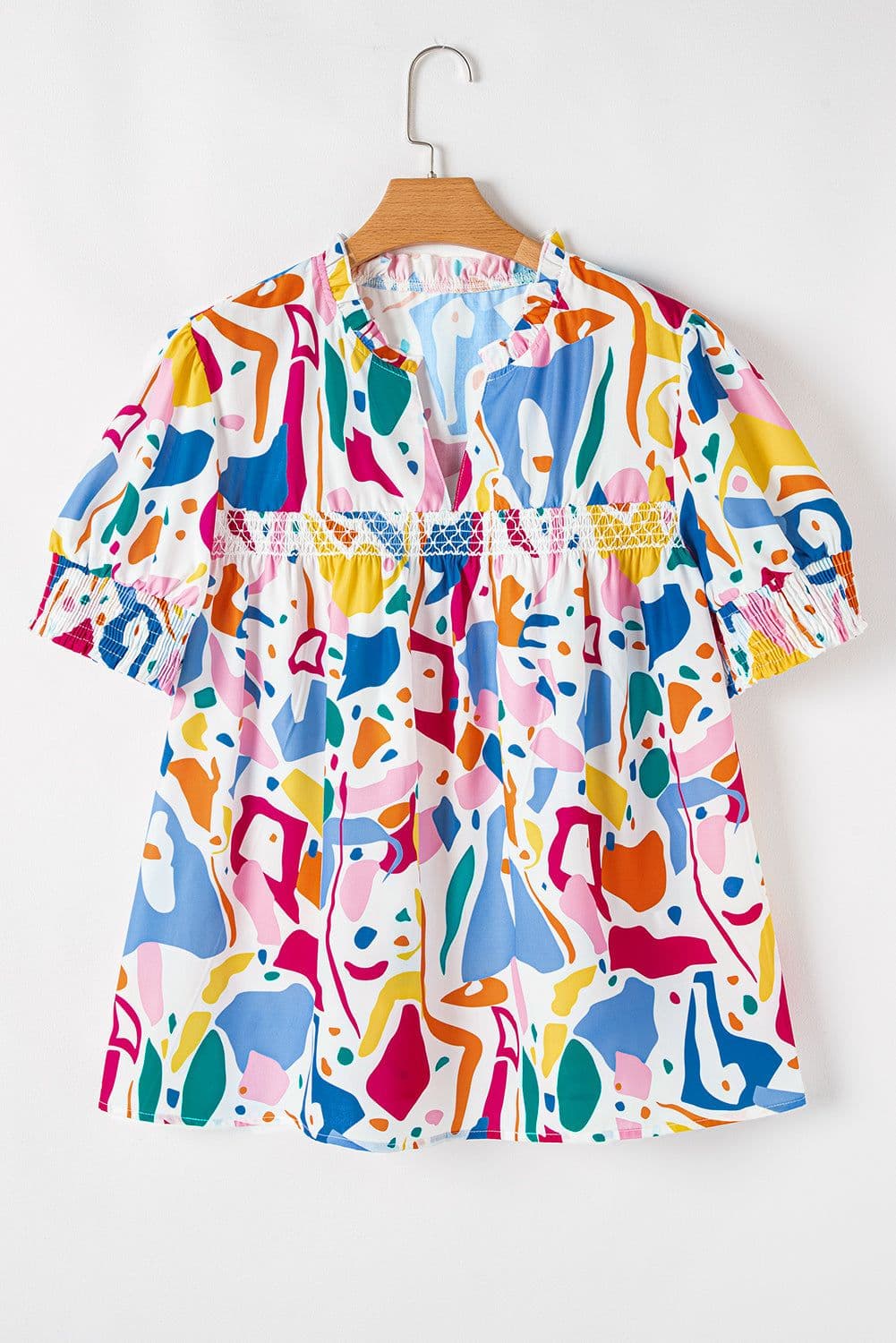 image-White Abstract Print Puff Sleeve Blouse - Plus Size