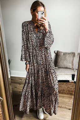 image-Leopard Print Tiered Maxi Dress - Wide Sleeves - Elegant & Stylish - Sizes S-XL