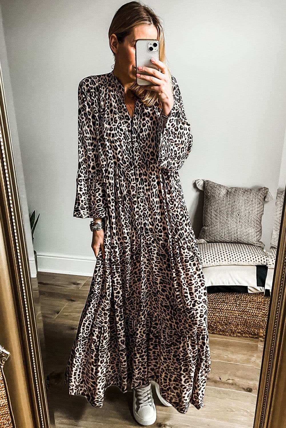 image-Leopard Print Tiered Maxi Dress - Wide Sleeves - Elegant & Stylish - Sizes S-XL