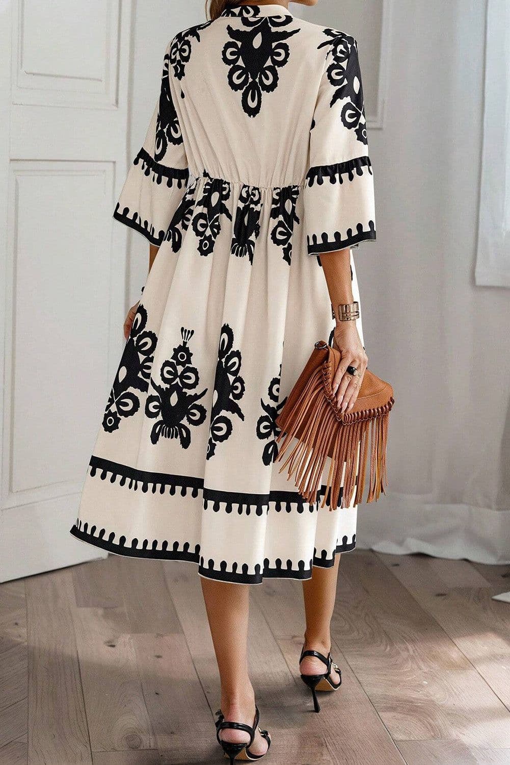 image-Geometric Print 3/4 Sleeve Loose Midi Dress - Black