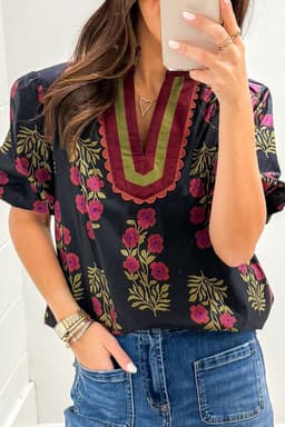image-White Floral Blouse - Short Puff Sleeve Contrast