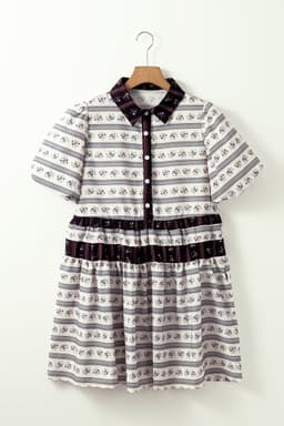 image-Black Boho Floral Striped Bubble Sleeve Dress