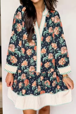 image-Blue Floral Print Striped Trim V Neck Long Sleeve Ruffle Hem Shift Mini Dress