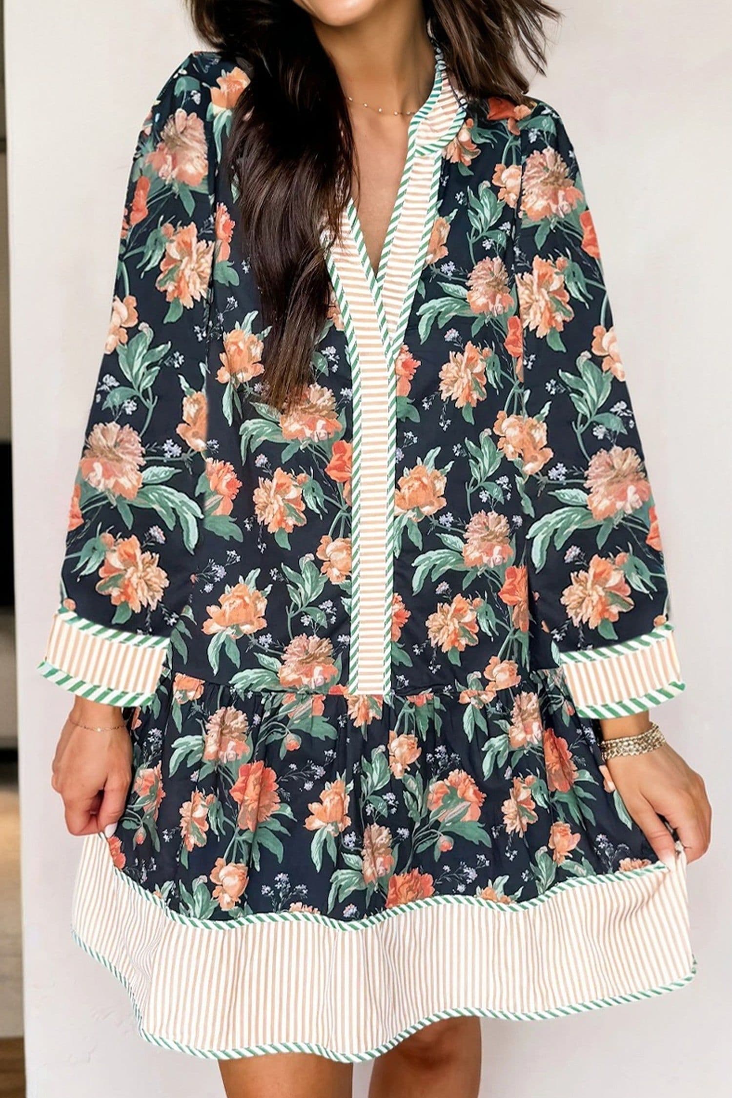image-Blue Floral Print Striped Trim V Neck Long Sleeve Ruffle Hem Shift Mini Dress