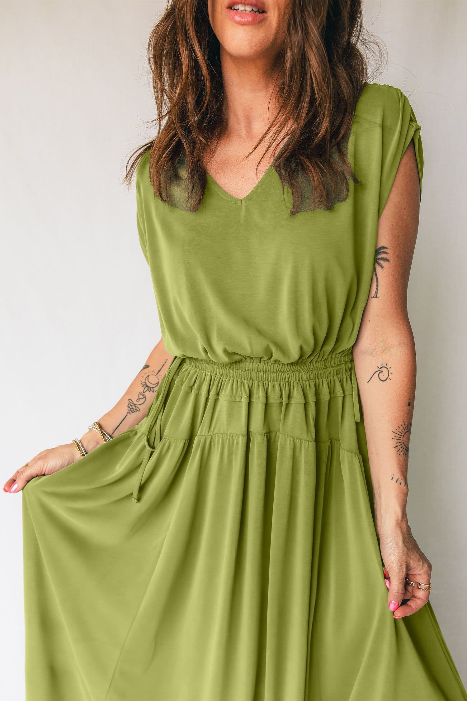 image-Fern Green V Neck Cap Sleeve Maxi Dress