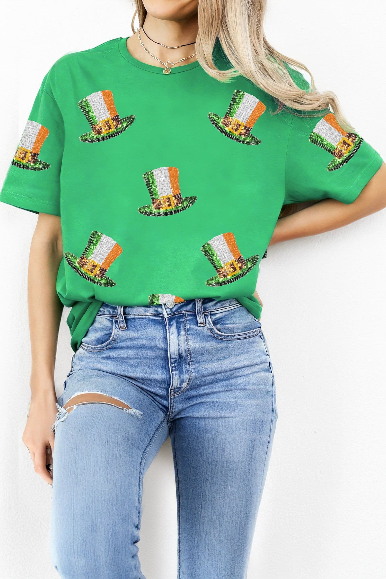 image-Bright Green Sequin St Patricks Day Hat Relaxed T Shirt