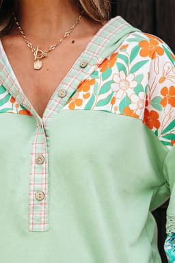 image-Lace Floral Patchwork Half Button Hooded Pullover - Aqua