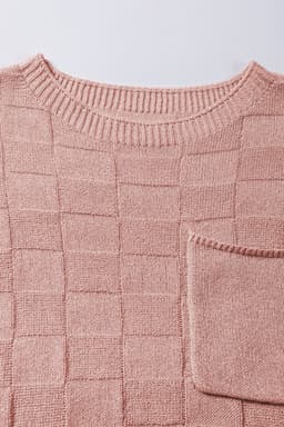 image-Pink Lattice Textured Knit Short Sleeve Sweater - Sizes S-3XL