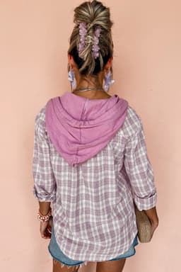 image-Pink Checkered Loose Fit Hooded Shacket - Buttoned