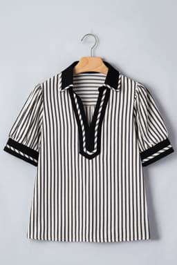 image-Green Stripe Collared Split Neck Bubble Sleeve Blouse