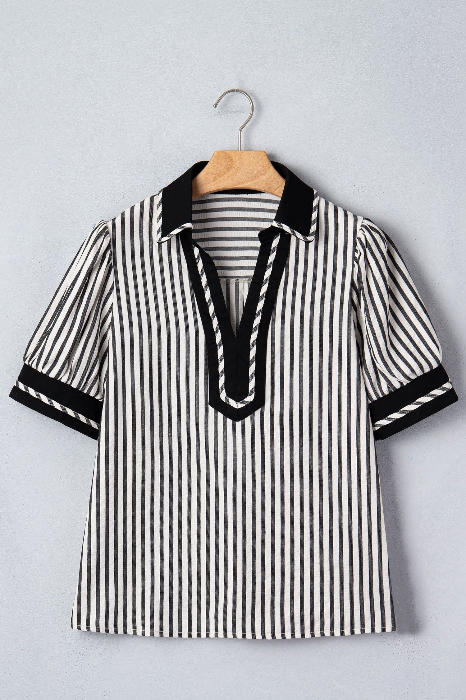 image-Green Stripe Collared Split Neck Bubble Sleeve Blouse