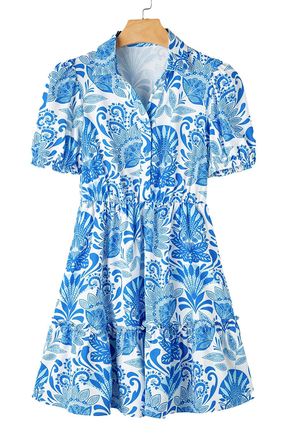 image-Sky Blue Retro Floral Print Drawstring Mini Dress