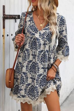 image-Vintage Printed Lace Trim V Neck 3/4 Sleeve Dress - Sky Blue
