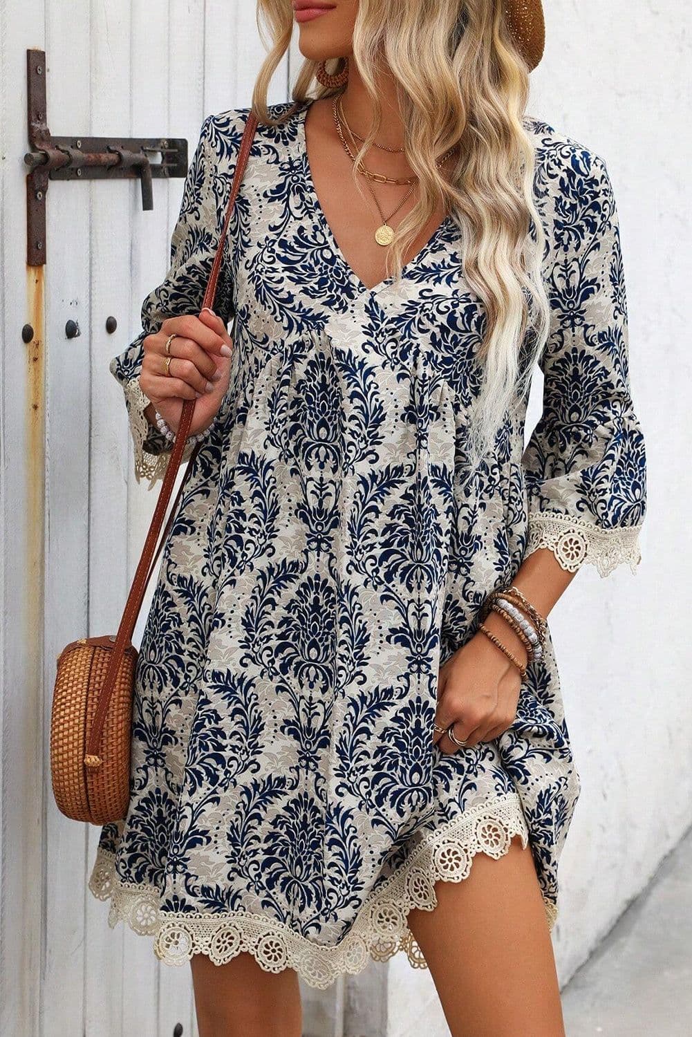 image-Vintage Printed Lace Trim V Neck 3/4 Sleeve Dress - Sky Blue