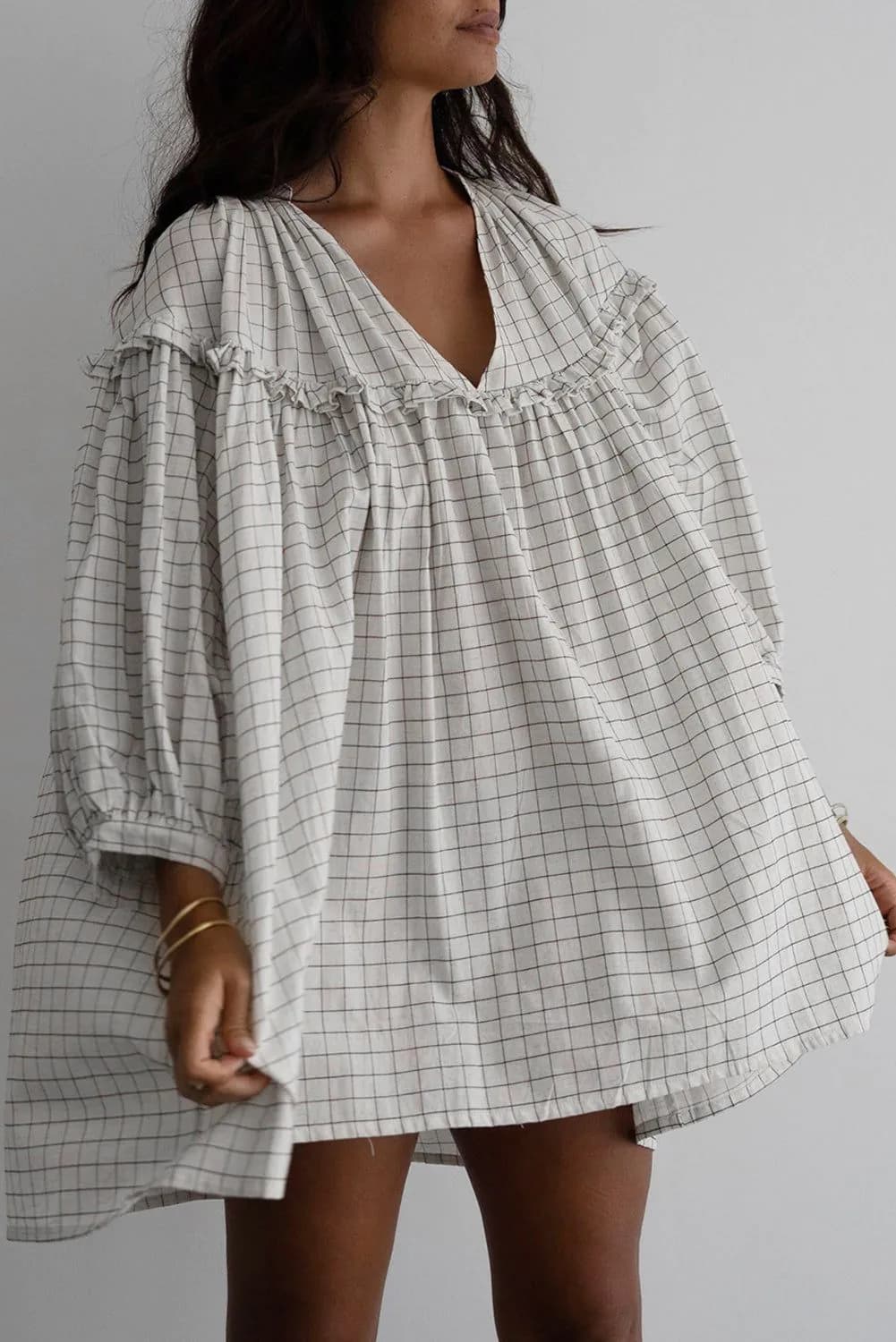 image-Chic White Stripe Frilled Babydoll Dress - V Neck, Lightweight Sleeves