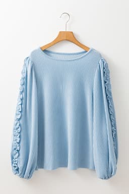 image-Mist Blue Puff Sleeve Corded Blouse with Frilly Detail (56 characters)