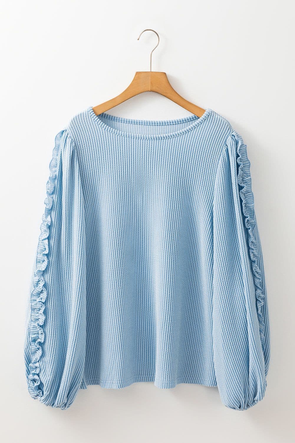 image-Mist Blue Puff Sleeve Corded Blouse with Frilly Detail (56 characters)