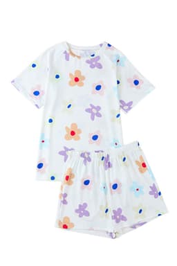 image-Pink Flower Print Short Sleeve High Waist Two Piece Shorts Set