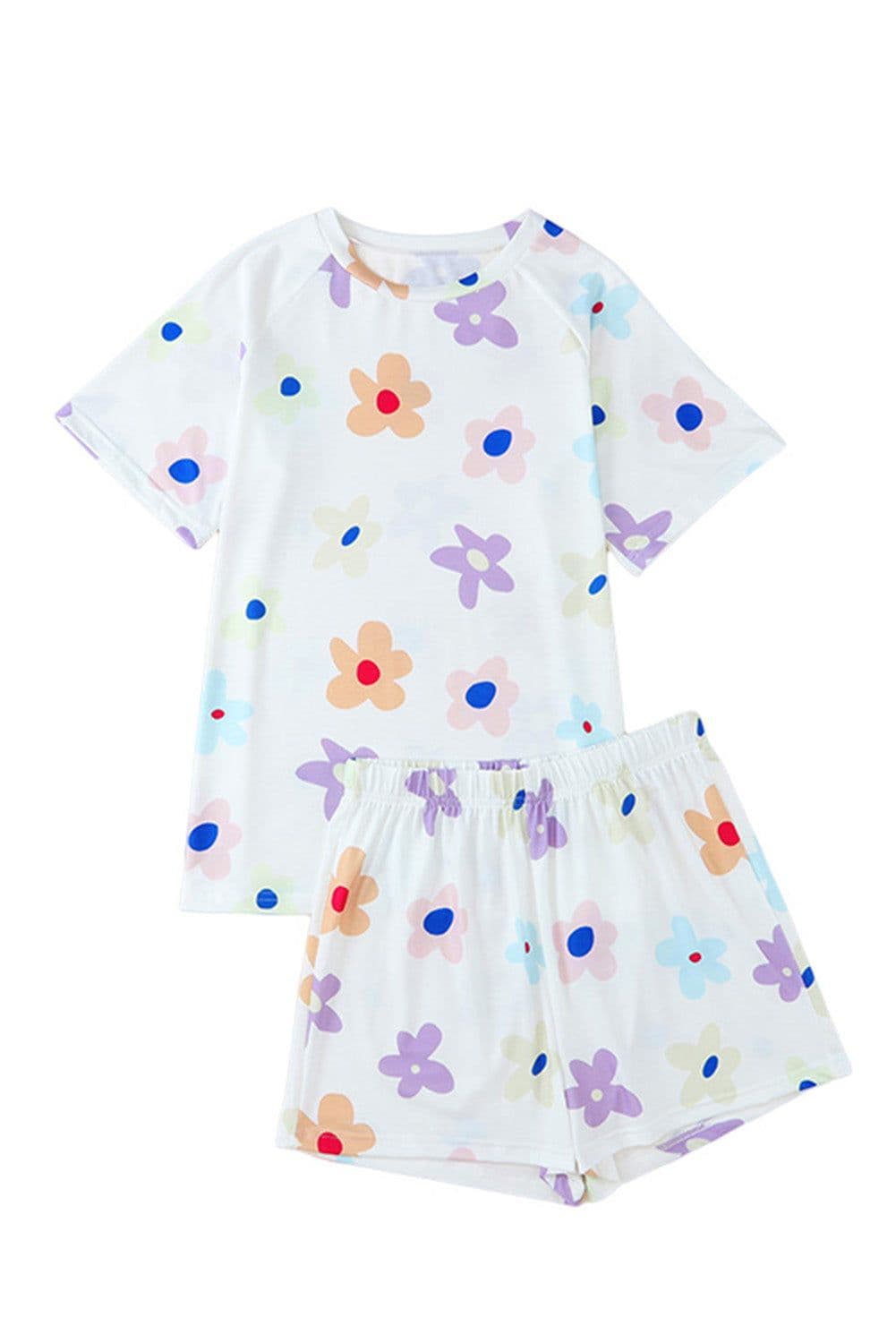 image-Pink Flower Print Short Sleeve High Waist Two Piece Shorts Set