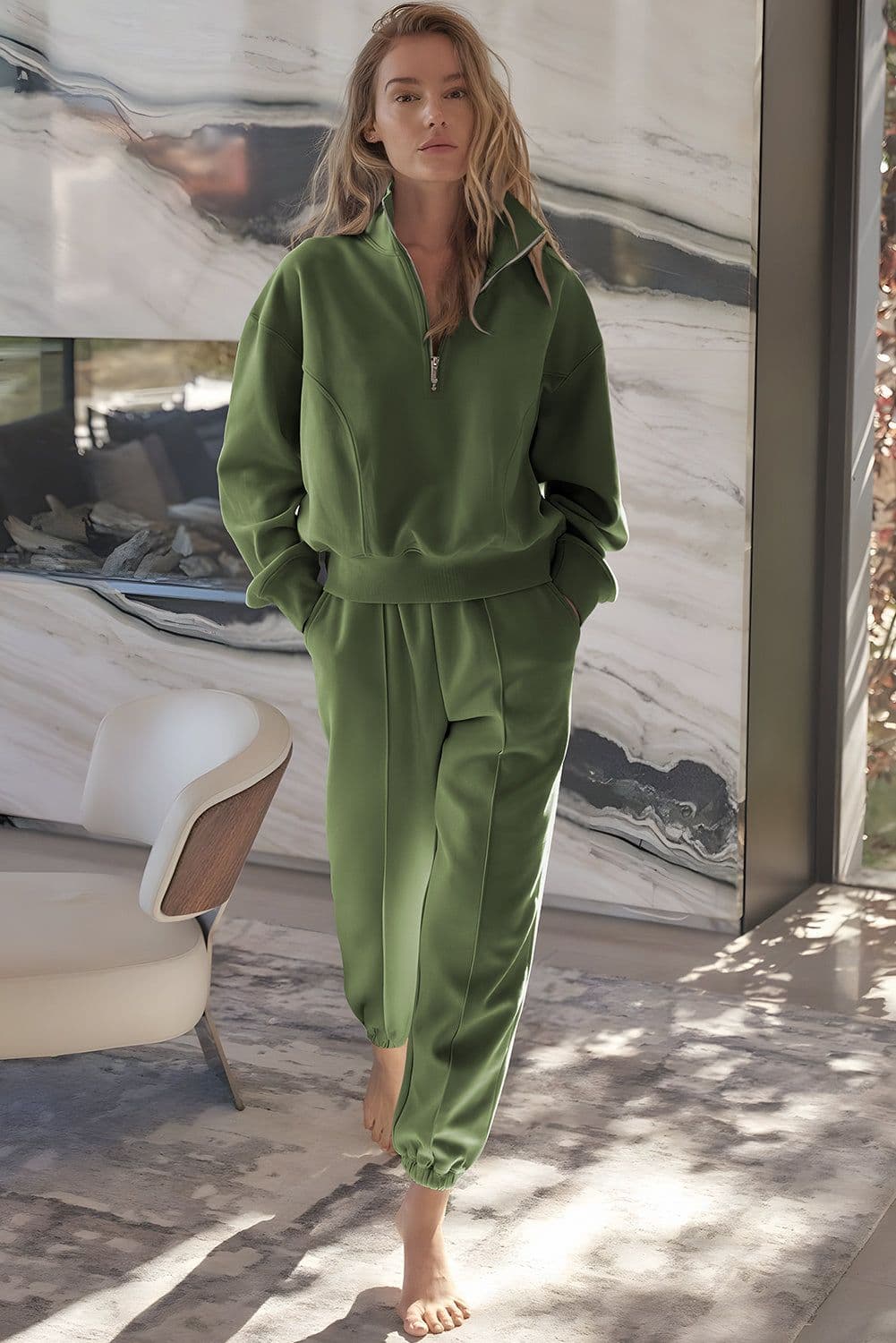 image-Vineyard Green Half Zip up Pullover Active Top and Joggers Set
