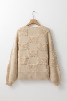 image-Checkered Sherpa Crew Neck Sweater - Parchment Loose Fit