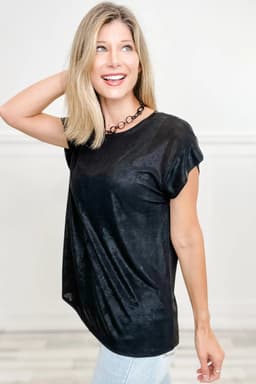 image-Black Metallic Round Neck Cap Sleeve Tee