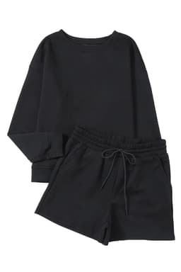 image-Textured Long Sleeve Top & Drawstring Shorts Set - Green