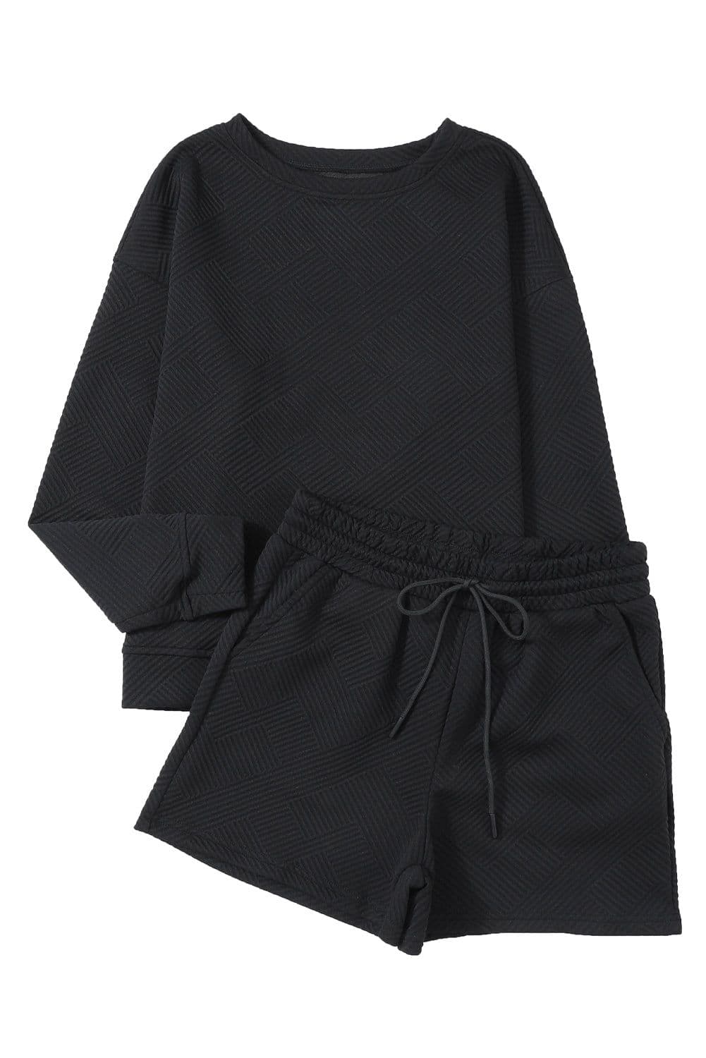 image-Textured Long Sleeve Top & Drawstring Shorts Set - Green