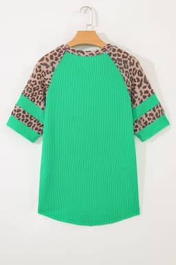 image-Green Corded Rib Leopard Color Block Tunic Tee