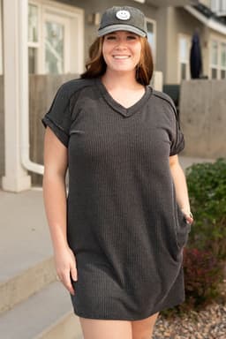 image-Carbon Grey Corded V Neck Plus Size T Shirt Dress