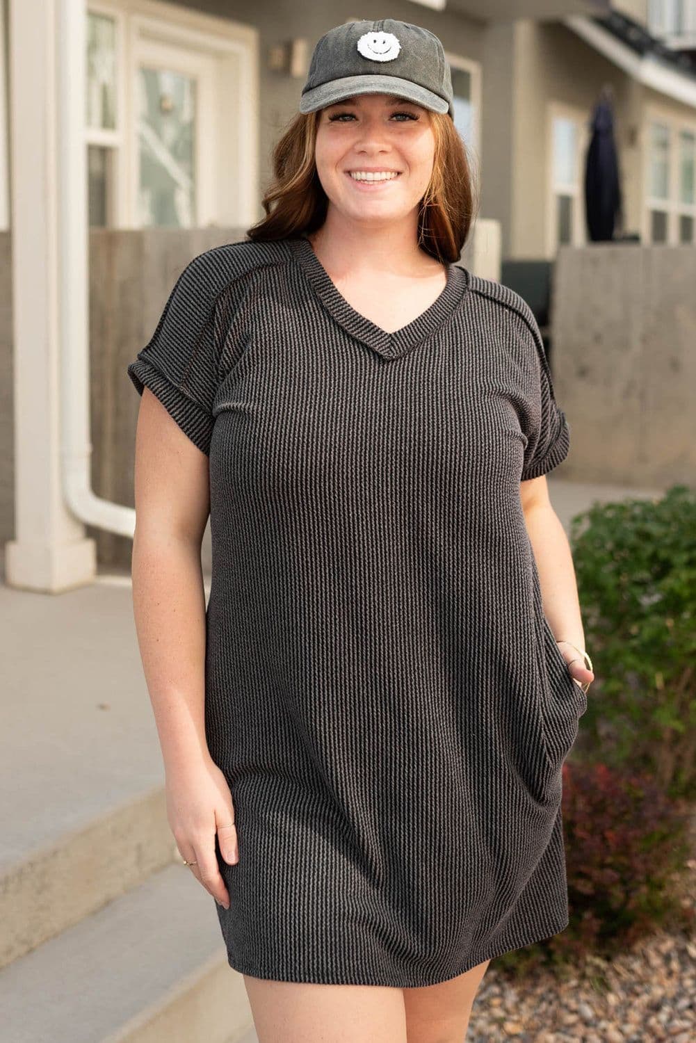 image-Carbon Grey Corded V Neck Plus Size T Shirt Dress