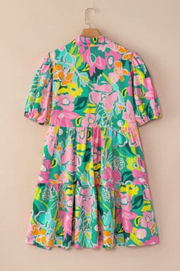 image-Green Floral Puff Sleeve Collar Buttoned Babydoll Dress