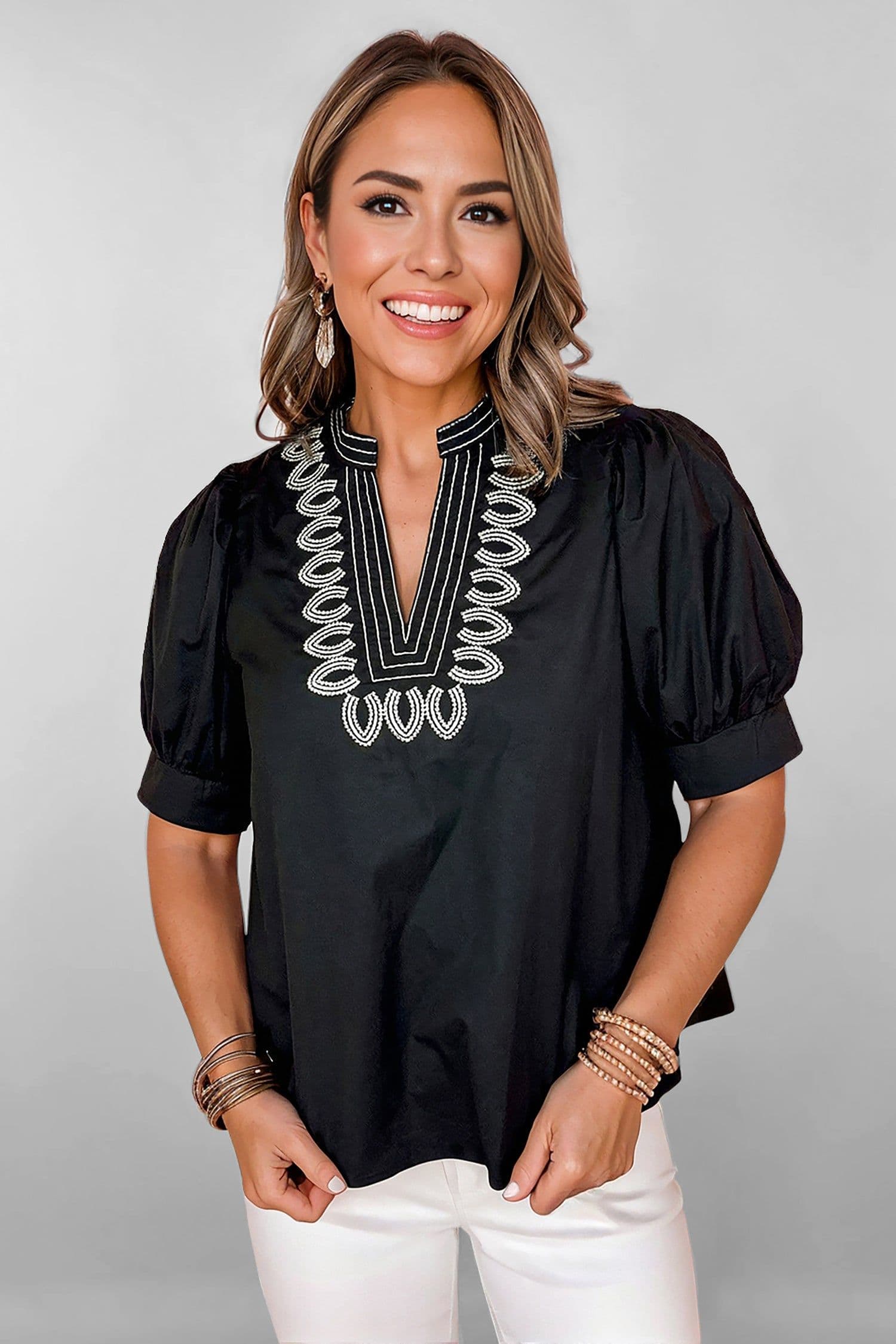 image-Black Short Puff Sleeve Contrast Embroidered Detail V Neck Blouse