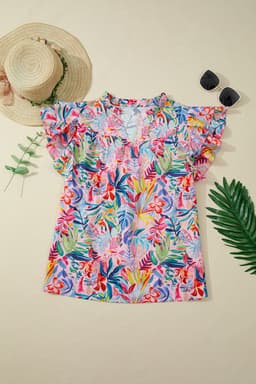 image-Pink Tropical Floral Blouse - Frilly Notched Neck